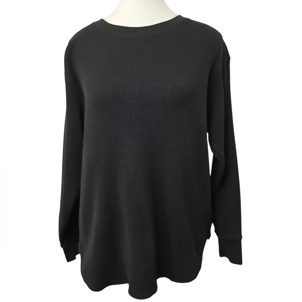Uniqlo Black Waffle Knit Crewneck Long Sleeve Top Sz XL Casual Neutral Cabincore